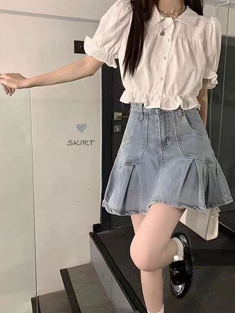 2024夏季新款娃娃領短袖襯衫女韓版甜美別致短款襯衣學院風上衣服