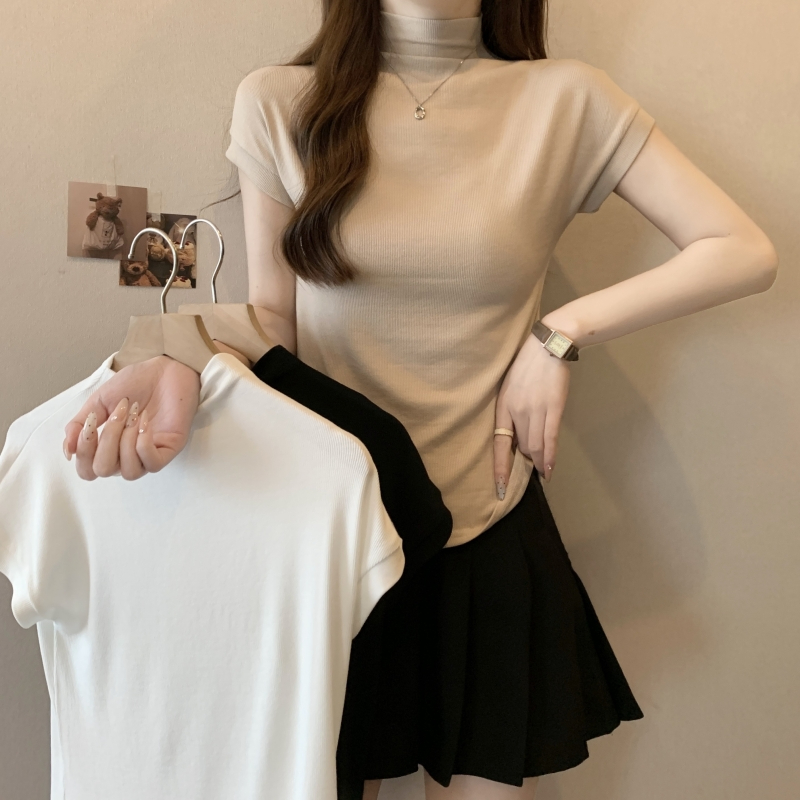 實拍 40支純棉 2024夏裝半高領短袖T恤女修身純色氣質上衣
