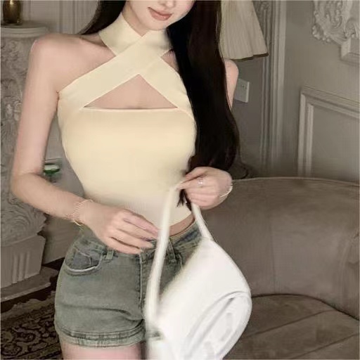 Cross halter neck off-shoulder purple camisole women's black outer wear waist design pure lust hot girl top