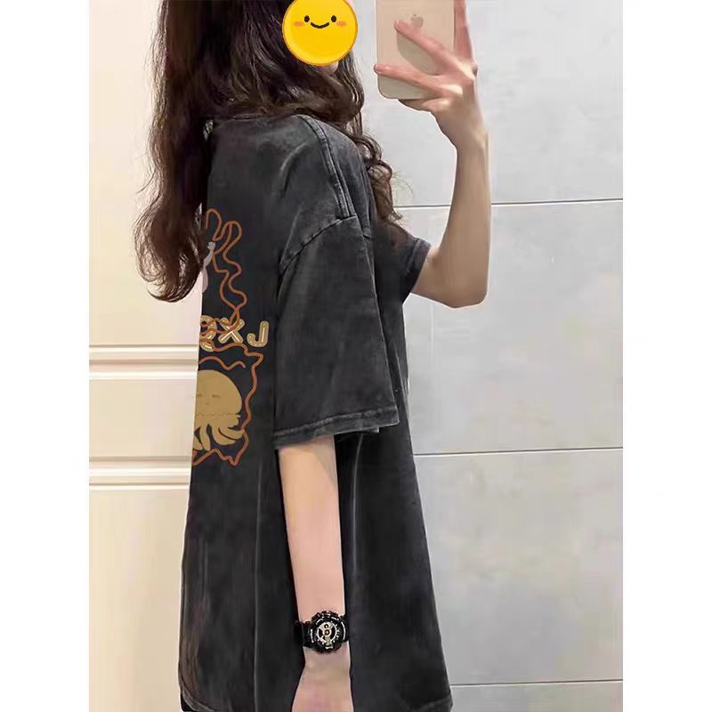 230克純棉包領 春夏季美式復古寬鬆大碼上衣印花水洗做舊短袖T恤