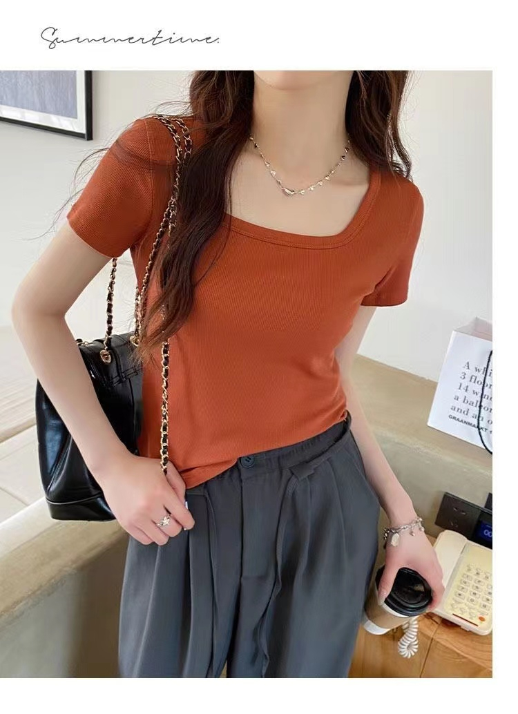 方領短袖t恤女2024夏季新款微寬糖果色設計感休閒打底衫ins風上衣