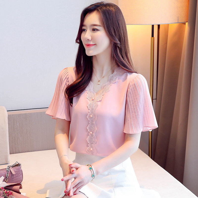 2024實拍新款夏裝時尚雪紡衫女短袖上衣寬鬆喇叭袖V領洋氣小衫