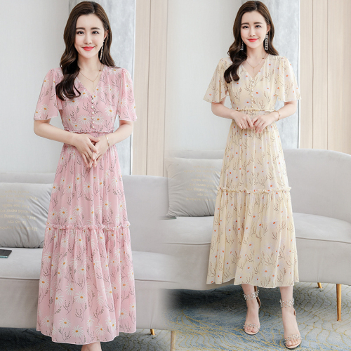 Fashion new chiffon dress female British style goddess style high waist British style foreign style summer slimming long swing