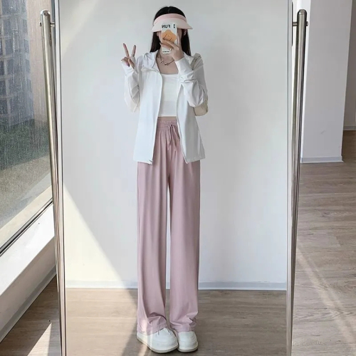 Gray sun protection pants for women in summer thin high-waisted loose straight casual wide-leg pants cool ice silk sports pants