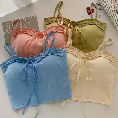 Price~ Pure cotton design bow camisole with breast pads slimming and versatile top for women