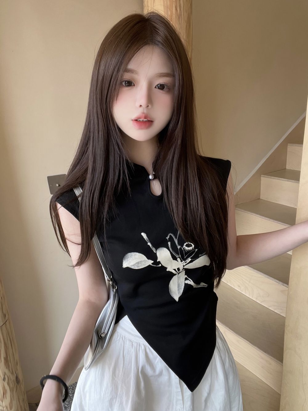 實拍三標齊立領無袖修休閒 顯瘦不規則T+高腰百褶半身裙女