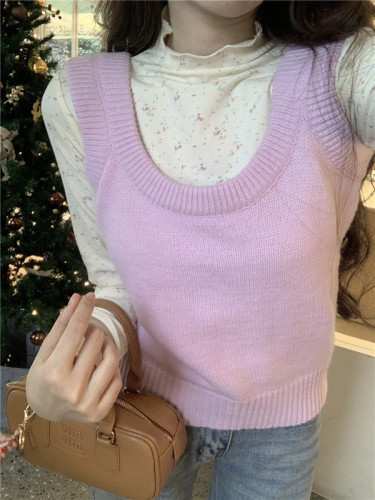 Real shot ~ 2024 spring outfit vest vest layered with knitted vest floral T-shirt two-piece set