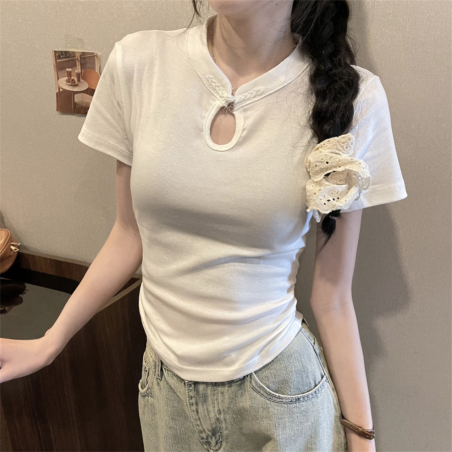 實拍中式盤扣立領短袖t恤夏設修身顯瘦辣妹純欲風上衣