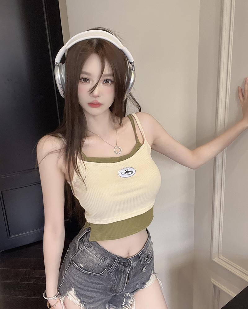 實拍 港風甜美復古撞色假兩件運動背心短款內搭吊帶背心