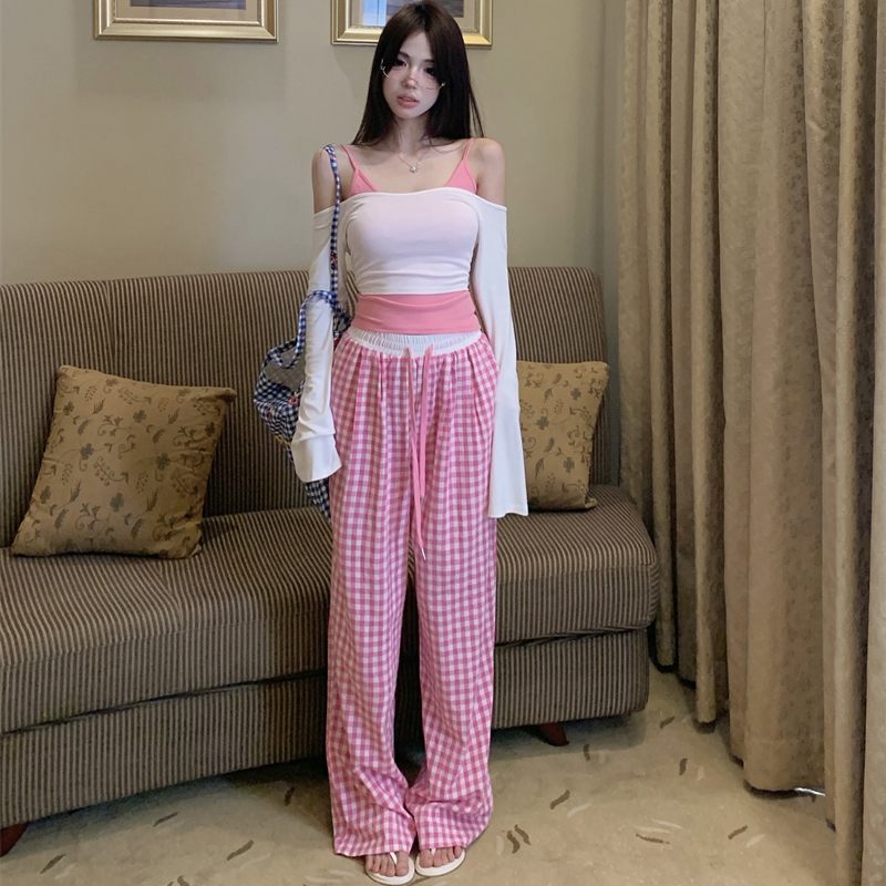 實拍 春夏長袖T恤防曬衫上衣內搭吊帶+格子闊腿褲子三件套女