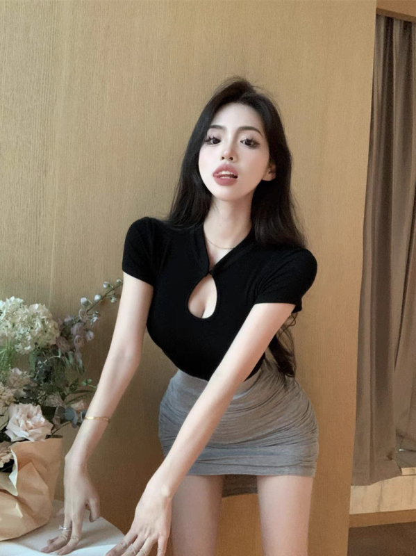 新中式立領旗袍短袖t恤女夏季設計感小眾純欲辣妹性感顯胸大上衣
