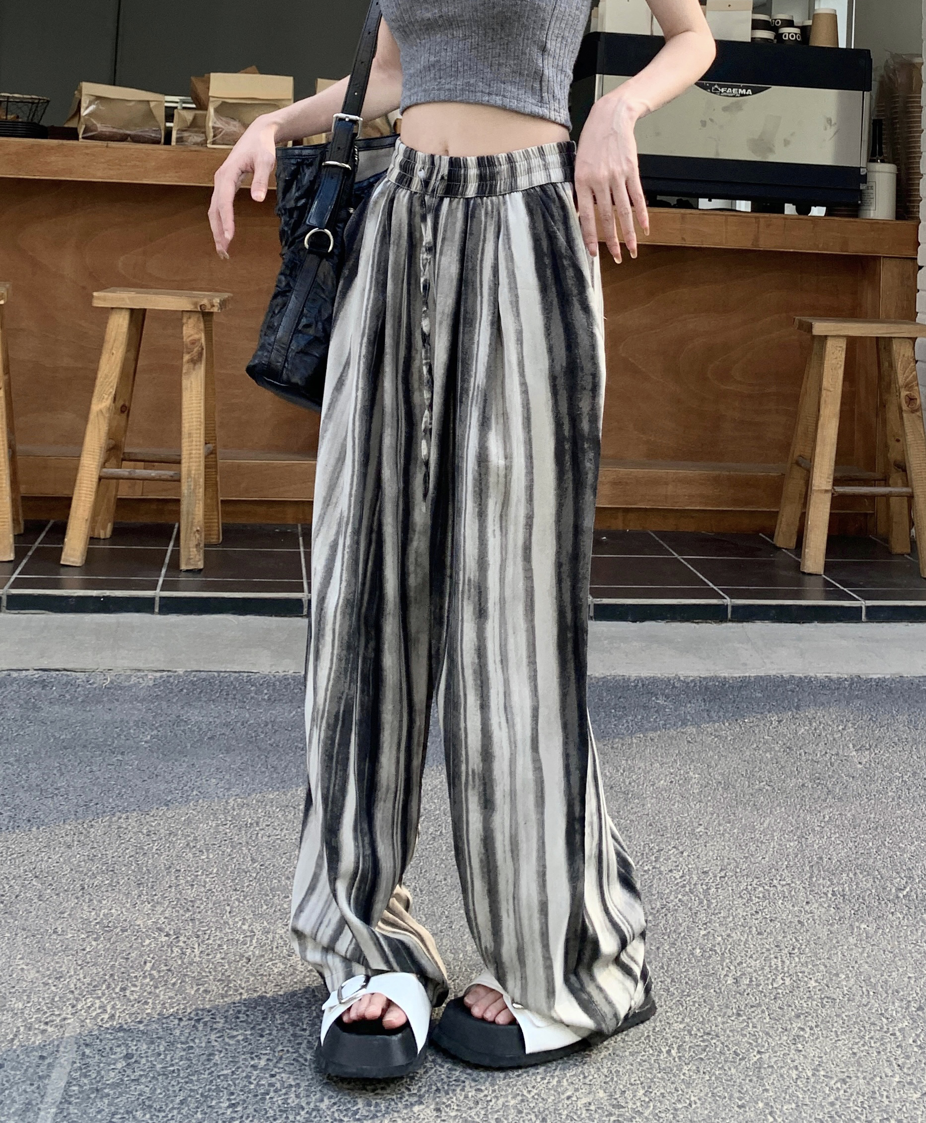 實拍 豎條紋闊腿褲女高腰垂感夏季小個子寬鬆休閒直筒褲長褲