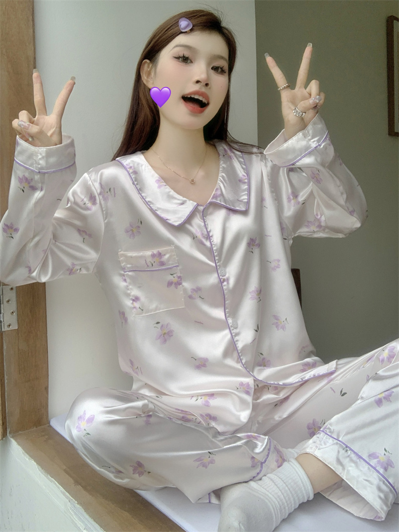 實拍玉蘭花緞面長袖長褲秋季新款家居服網紅設計感睡衣套裝