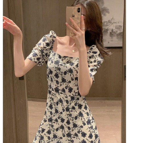 Rose floral dress 2024 spring and summer new Korean style small French tea break waist slimming one-line collar