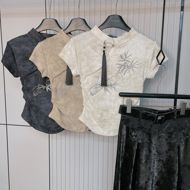 新中式復古刺繡T恤2024夏季新款韓版國風立領修身短袖顯瘦上衣女