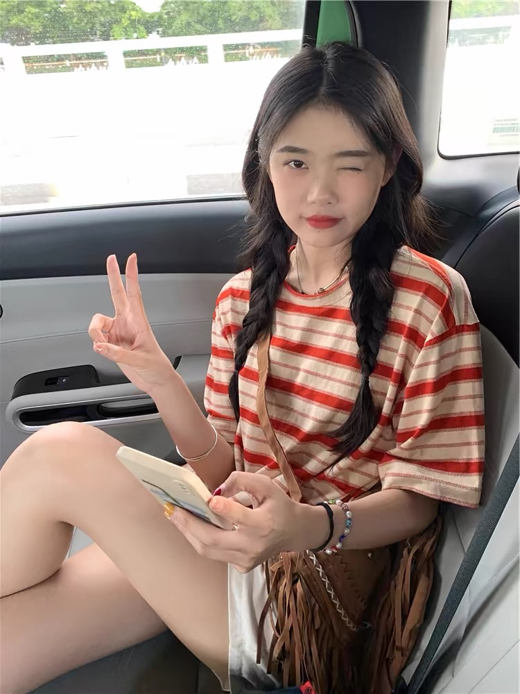 純棉原版色織美式條紋短袖t恤女夏日港風chic上衣