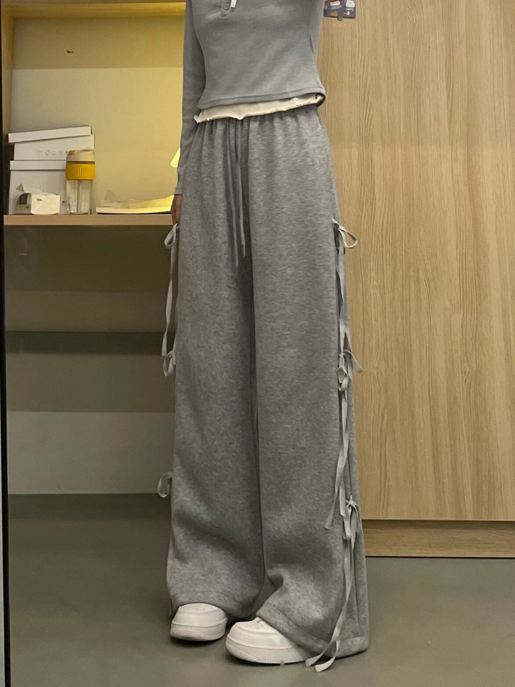 韓版復古蝴蝶結系帶直筒衛褲2024春季新款女小眾設計休閒闊腿褲子