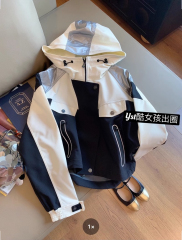 潮牌撞色拼接連帽衝鋒衣女秋季2024新款寬鬆休閒防風短款夾克外套