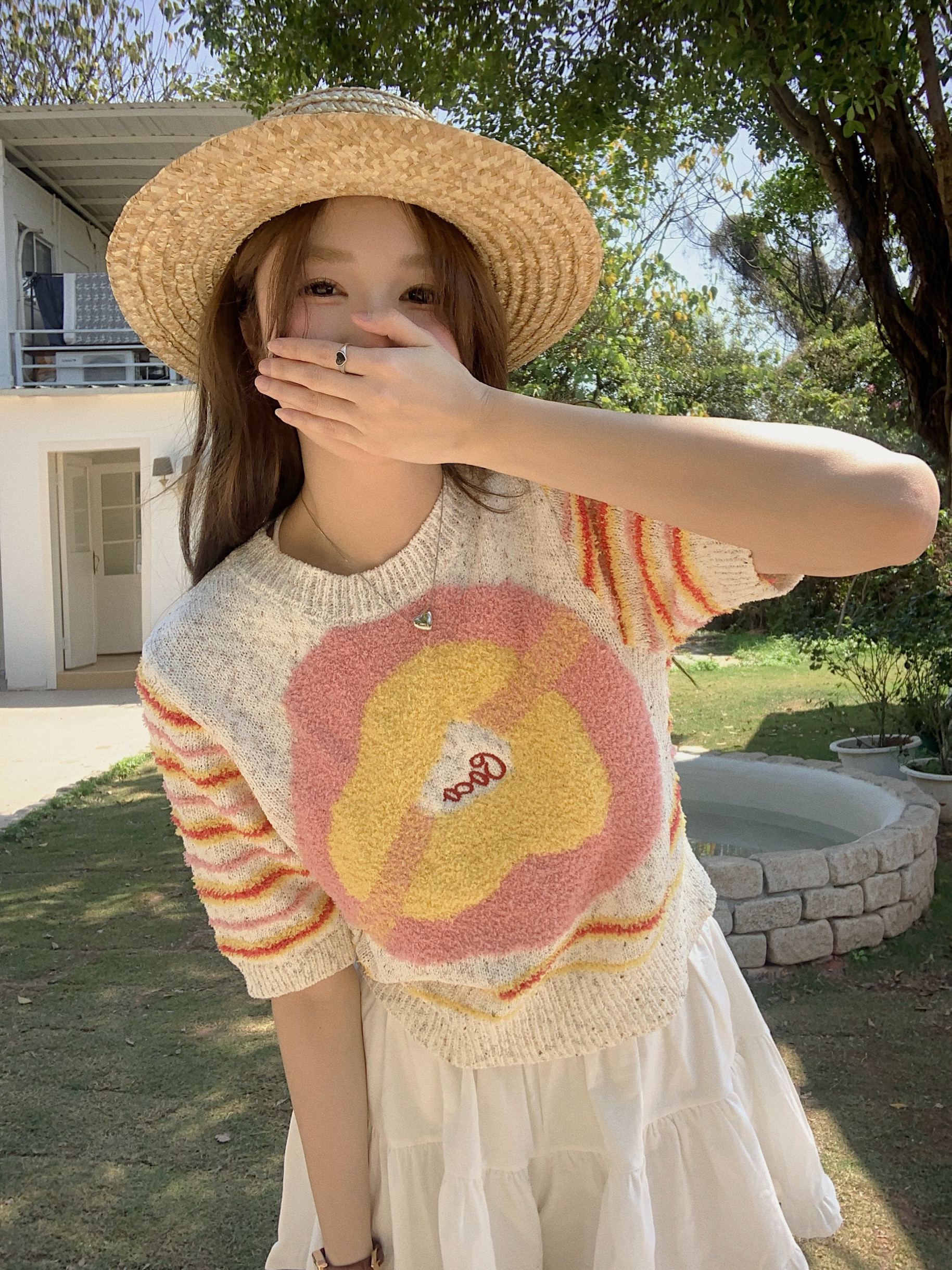 實拍  進口機織重工彩點愛心針織短袖女早春減齡上衣