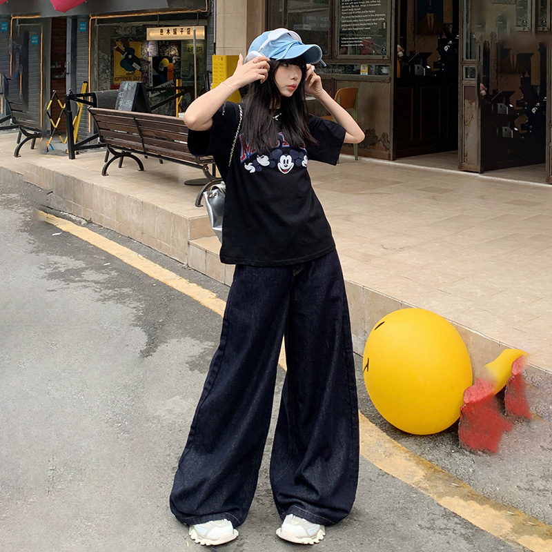 實拍美式復古寬鬆闊腿褲垂感拖地百搭直筒牛仔褲女春夏新長褲加長