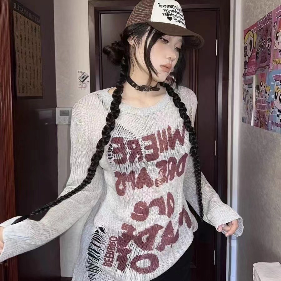 慵懶風鏤空針織衫女春秋復古美式街頭灰色薄款長袖罩衫上衣設計感