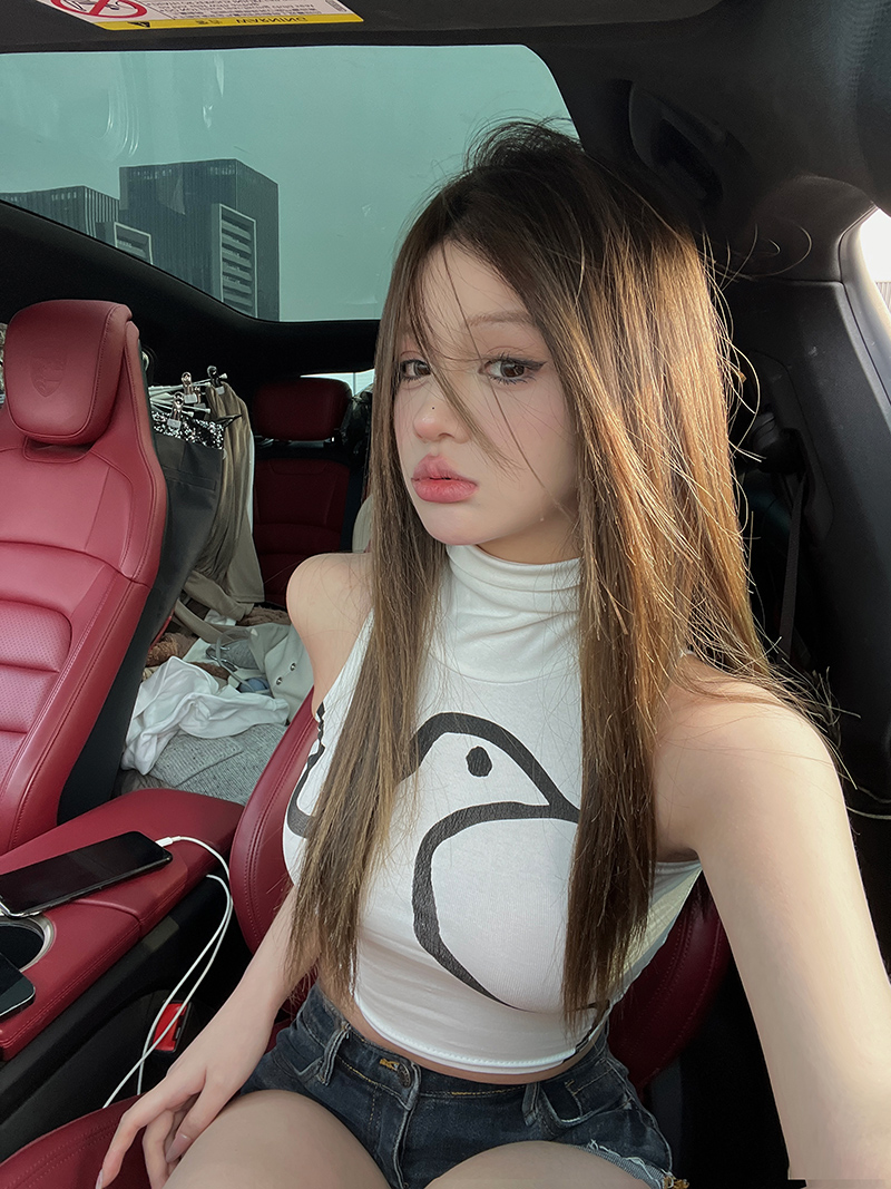 實拍！鴿子印花漏臍背心高領簡約百搭休閒純棉無袖上衣女2449