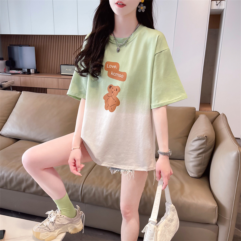 實拍 2024夏季新款韓版寬鬆圓領漸變字母印花百搭短袖T恤女