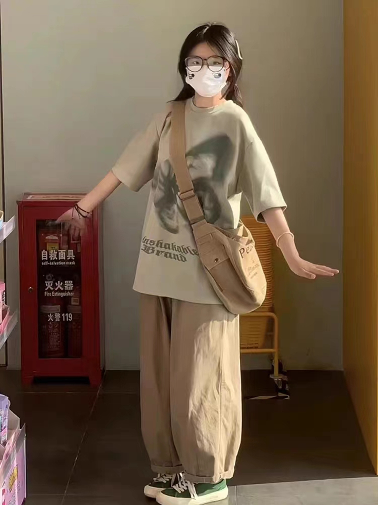 鹽系少女學院風運動服套裝女夏季洋氣減齡休閒寬鬆短袖長褲兩件套