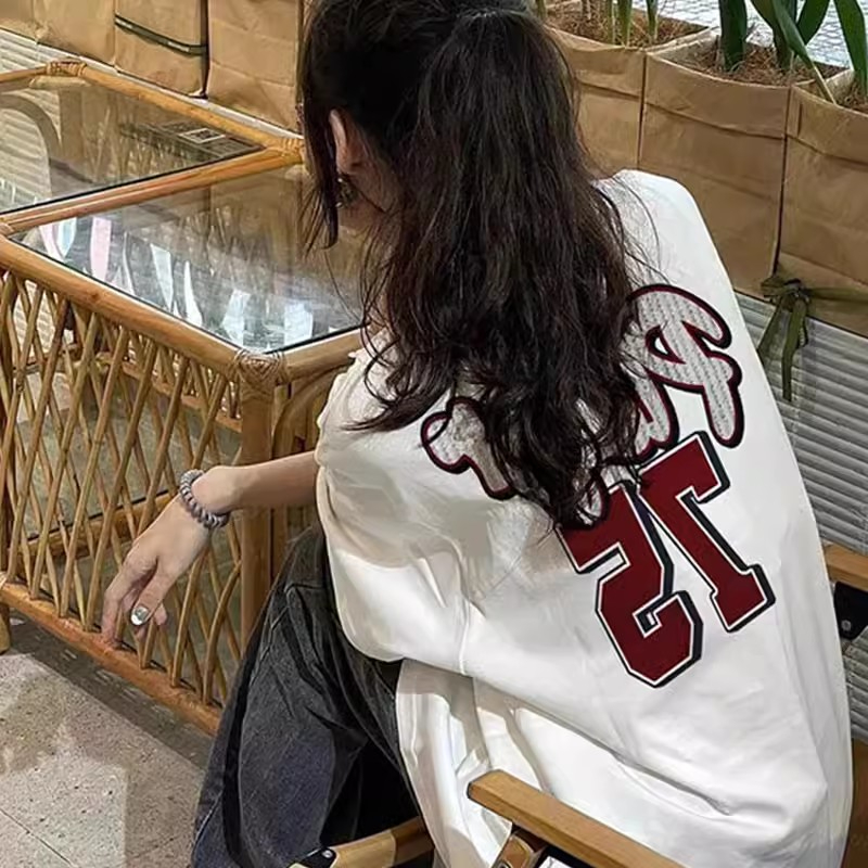 200克精梳純棉新款T恤女寬鬆大碼設計潮牌版印花上衣
