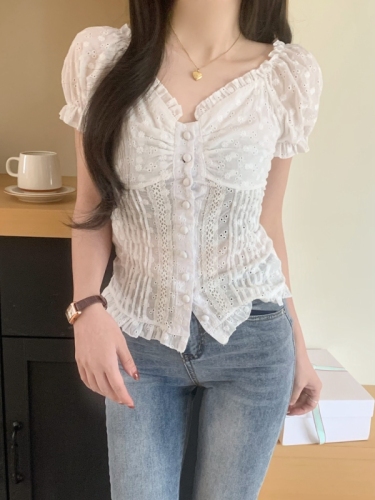 Real shot of palace-style petite gentle lace puff-sleeved shirt for women slimming slim short-sleeved shirt sweet top