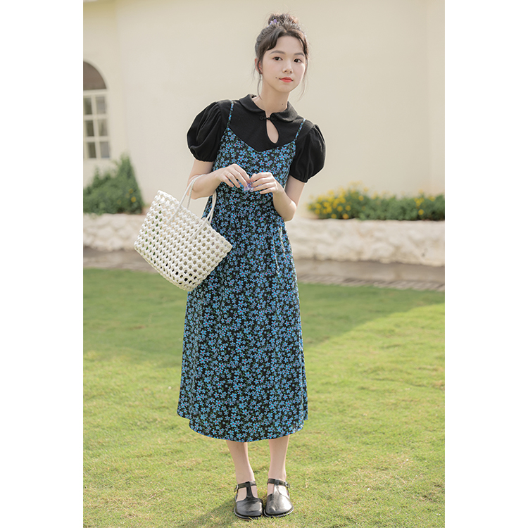 實拍法式復古赫本風2024新款女裝夏季茶歇初戀碎花吊帶連衣裙子