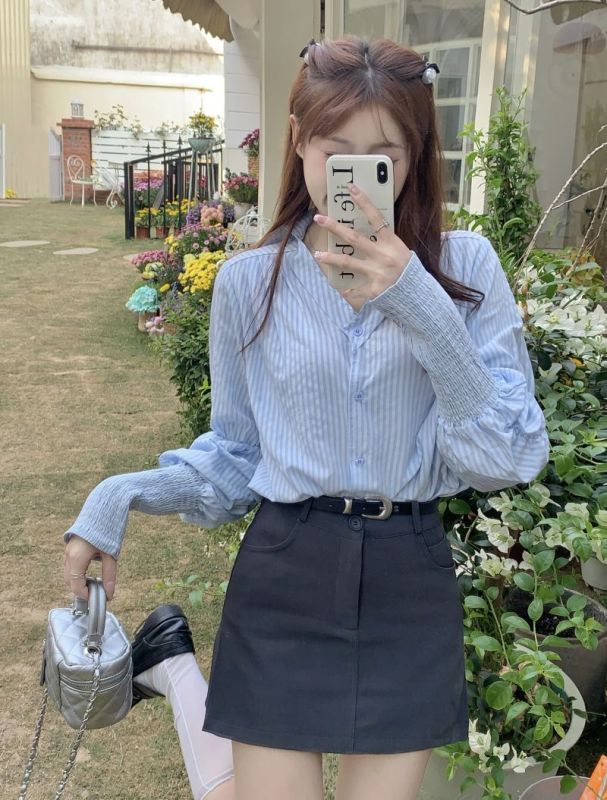 實拍三標齊條紋手袖褶皺小眾襯衣女