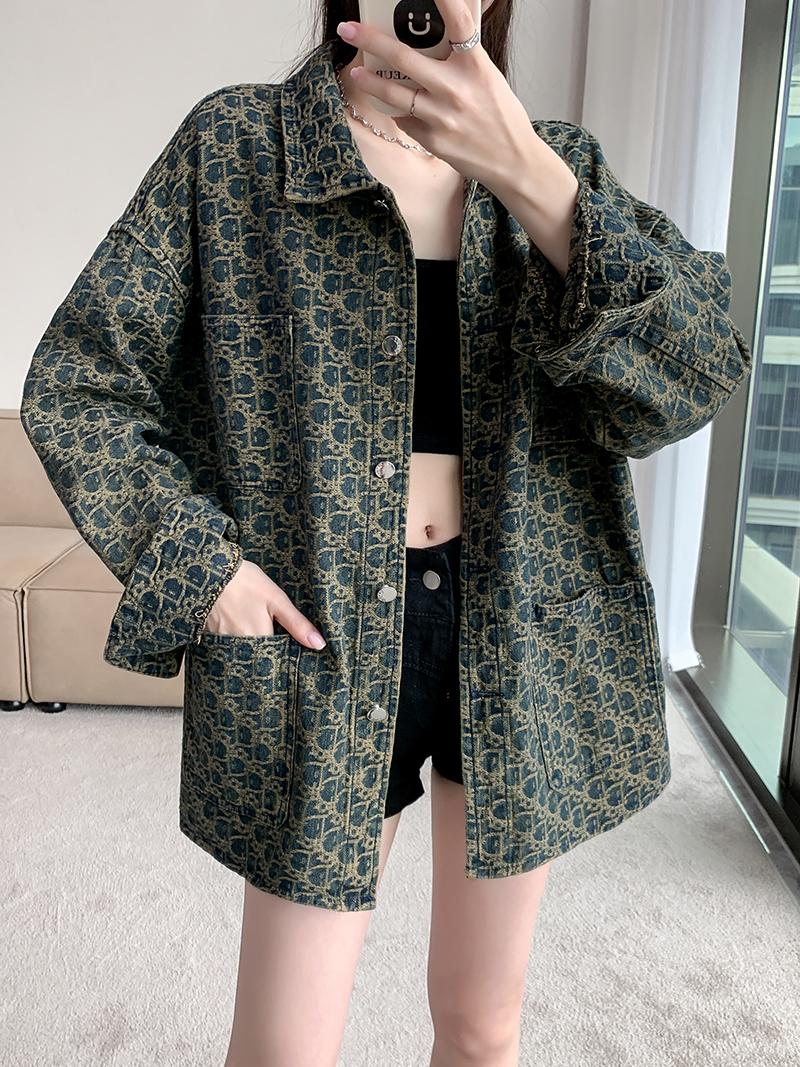 實拍~2024新款滿印提花牛仔外套女甜酷辣妹風復古慵懶感夾克