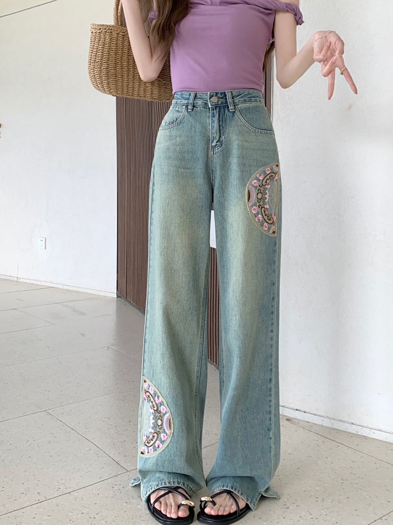 實拍#國風刺繡牛仔褲女寬鬆顯瘦直筒闊腿拖地長褲子
