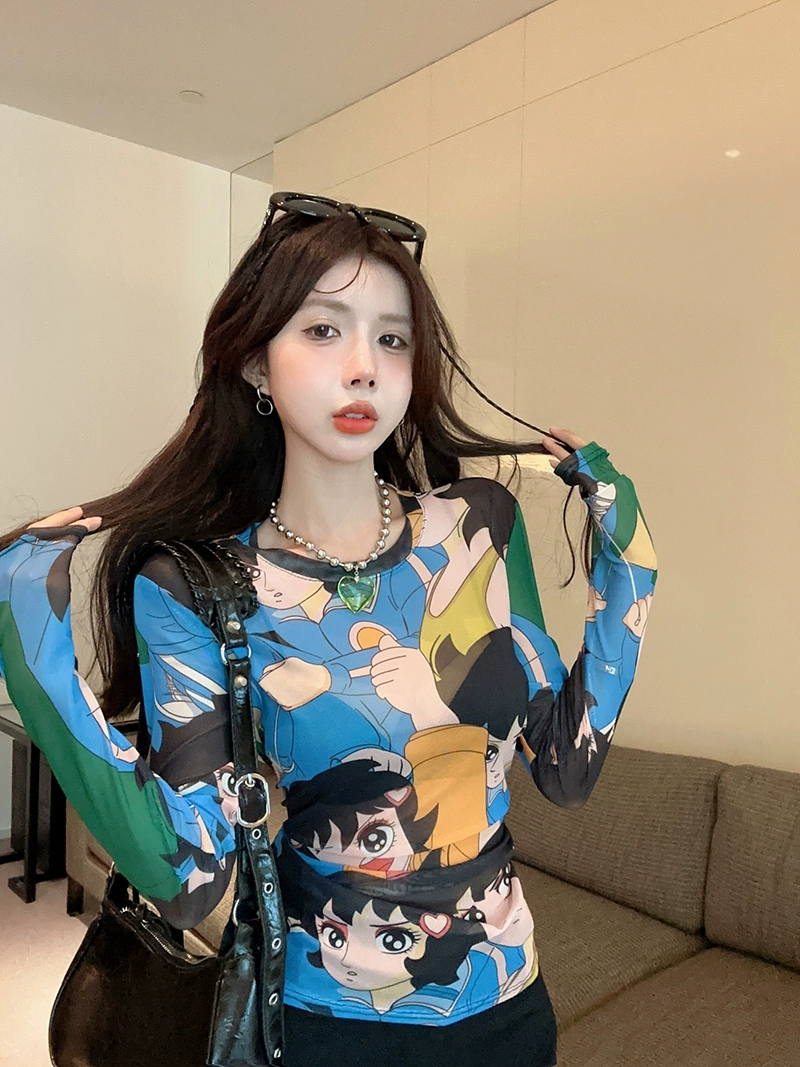 實拍！Jennie同款半透修身彈性卡通聯名印花圓領長袖上衣2447
