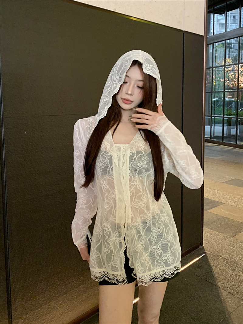實拍~高級感氣質蕾絲連帽襯衣防曬衣上衣