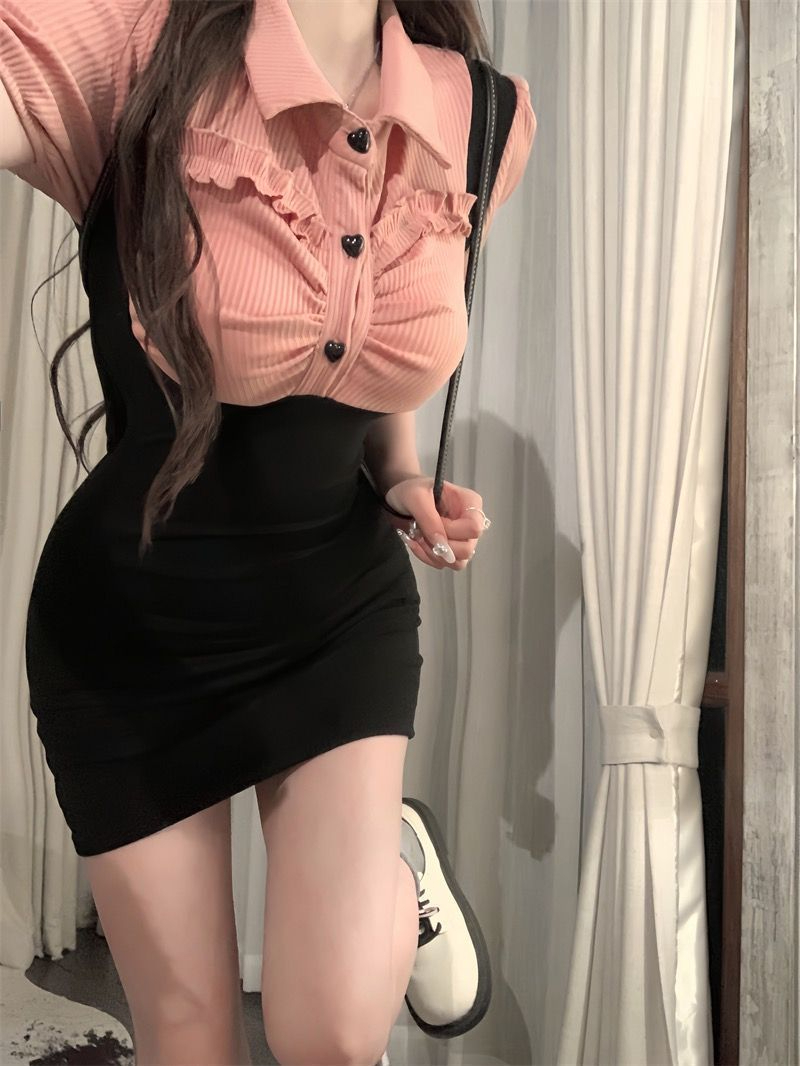 夏季新款女裝撞色拼接假兩件修身顯瘦Polo領泡泡袖連衣裙包臀短裙