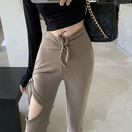Designed micro-flare lace-up hollow casual pants for women spring 2024 new trousers high-waisted slim flared pants