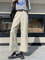 Actual shot~Basically designed and versatile white denim high-waisted wide-leg nine-point pants