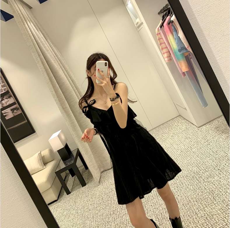 New style ruffled all-match strappy bow suspender dress