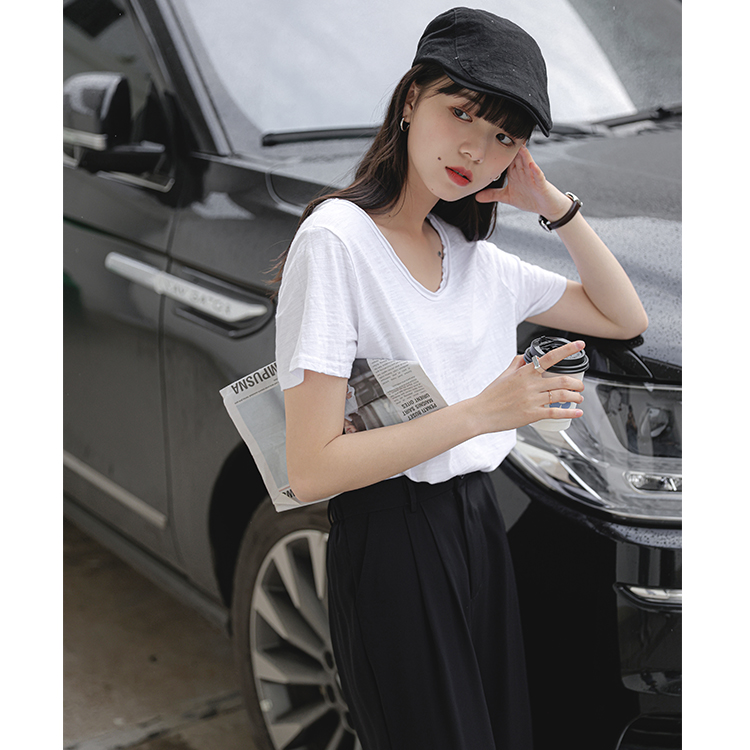 實拍2024夏季新款港味竹節棉短袖T恤女潮款白色顯瘦V領體恤衫