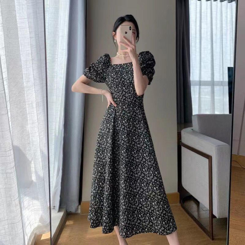 Floral Dress Women's 2024 Summer New Style Square Neck Puff Sleeve Korean Style Long Slit British Style Women's Dress