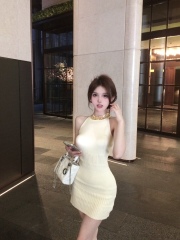 實拍 氣質大姐姐 超重工手工釘珠亮片領削肩顯瘦針織連衣裙女夏