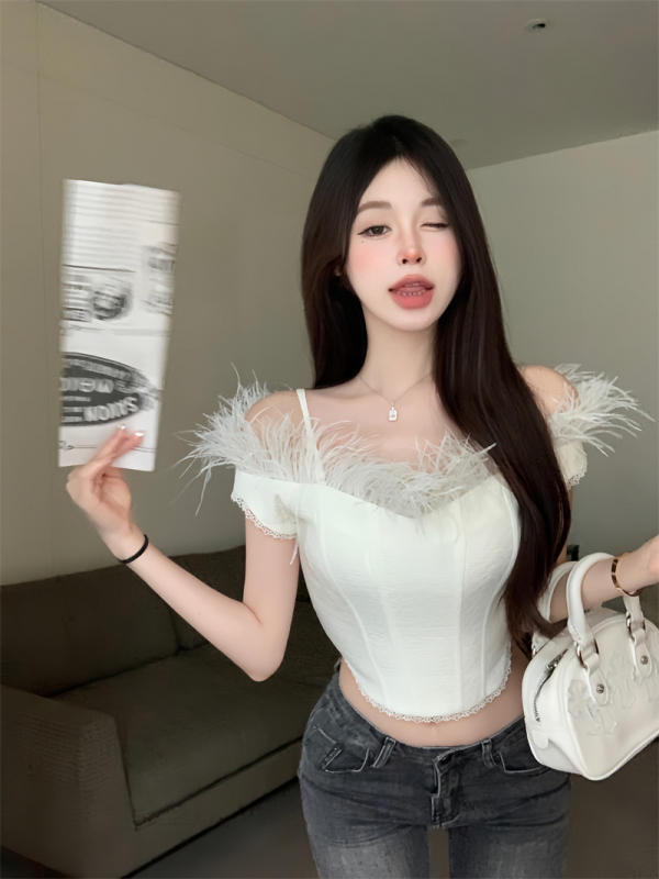 實拍 少女香氣鴕鳥毛抹胸女夏季肌理感白色收腰顯瘦上衣