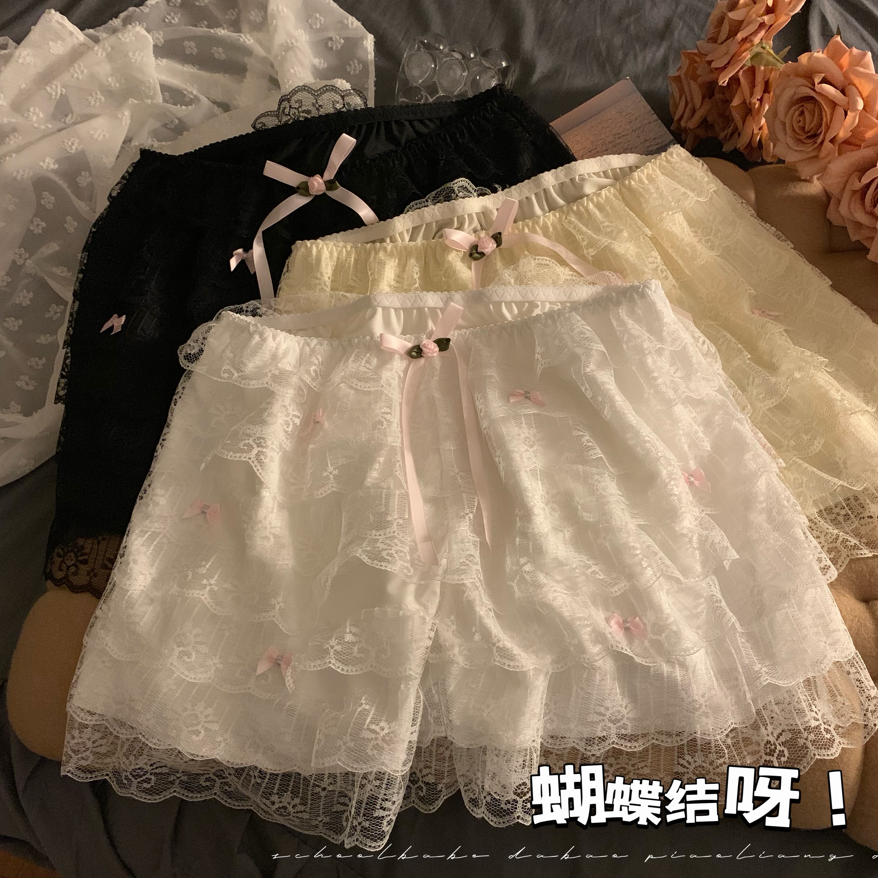 實拍純欲白色蕾絲蛋糕裙安全褲防走光保險褲可外穿jk打底短褲