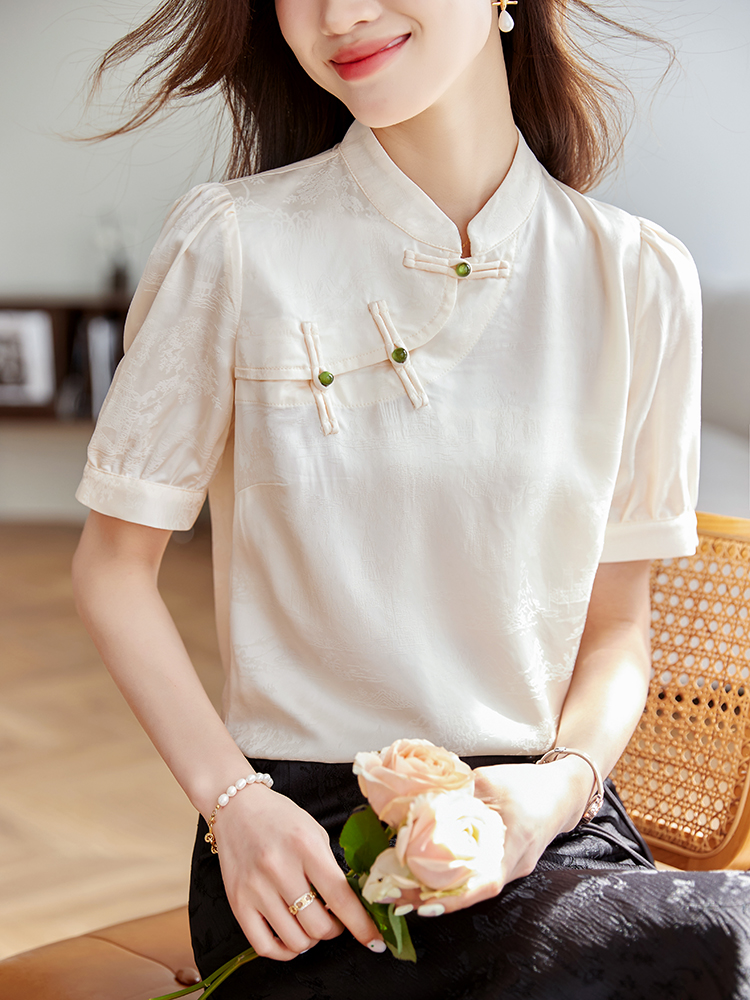 2024 summer real acetate satin jacquard shirt for women summer short-sleeved high-end new Chinese style plate button national style top