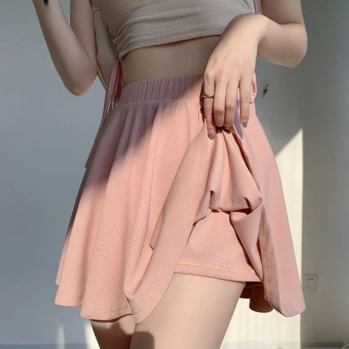 粉色冰丝百褶裙女半身裙夏季裤裙高腰显瘦薄款小个子a字短裙