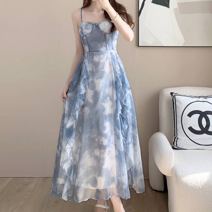 實拍法式小眾吊帶連衣裙女海邊度假沙灘長裙日落仙女裙荷葉邊裙