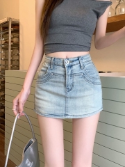 實拍#新款高腰牛仔半身短裙女辣妹設計感拼接a字包臀褲裙