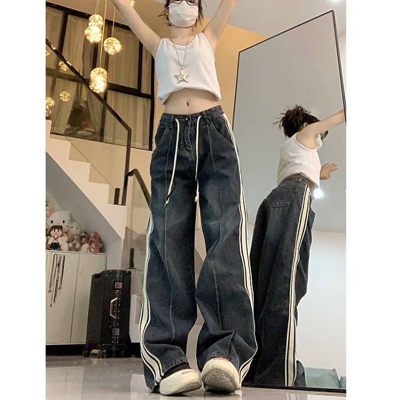 美式直筒條紋牛仔褲女秋季2024新款高腰顯瘦寬鬆百搭闊腿褲子